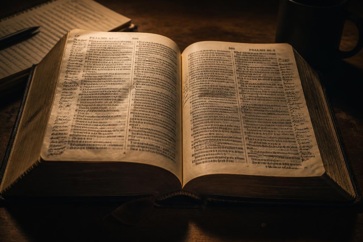 Biblia abierta con notas de estudio bajo una luz dramática